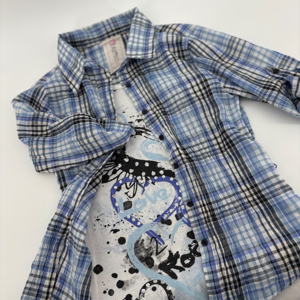 BEAUTTEES Girls M Plaid‎ Button Down Camp Rock Graphic Layered Tank Top Blue